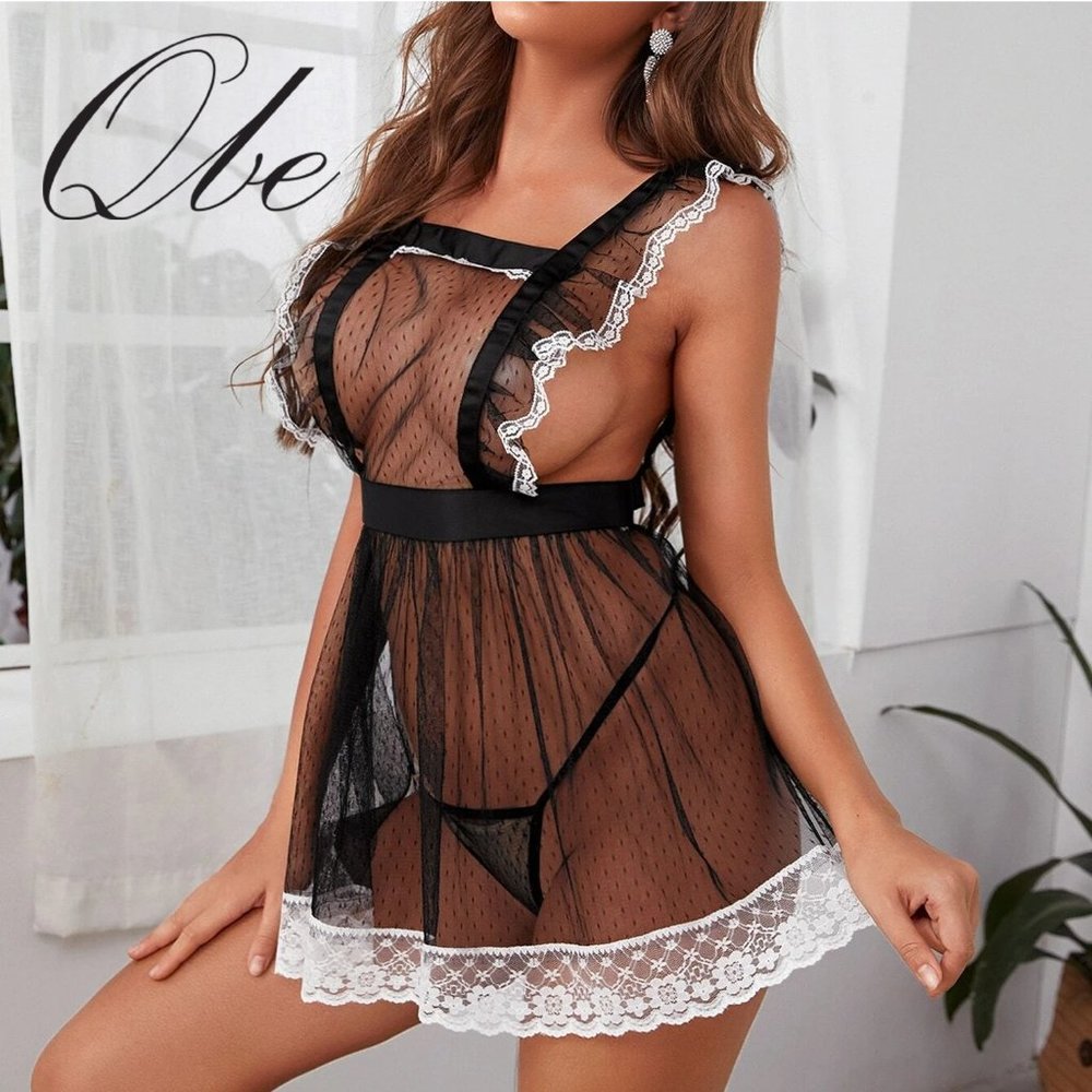 Qbe Contrast Lace Sheer Mesh Maid Costume With Tho
